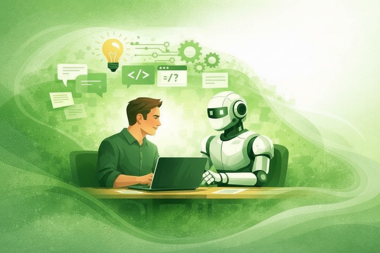 A person sits at a table with a robot across from him. the person is working on a laptop. Various symbols of website programming float in the area above them.