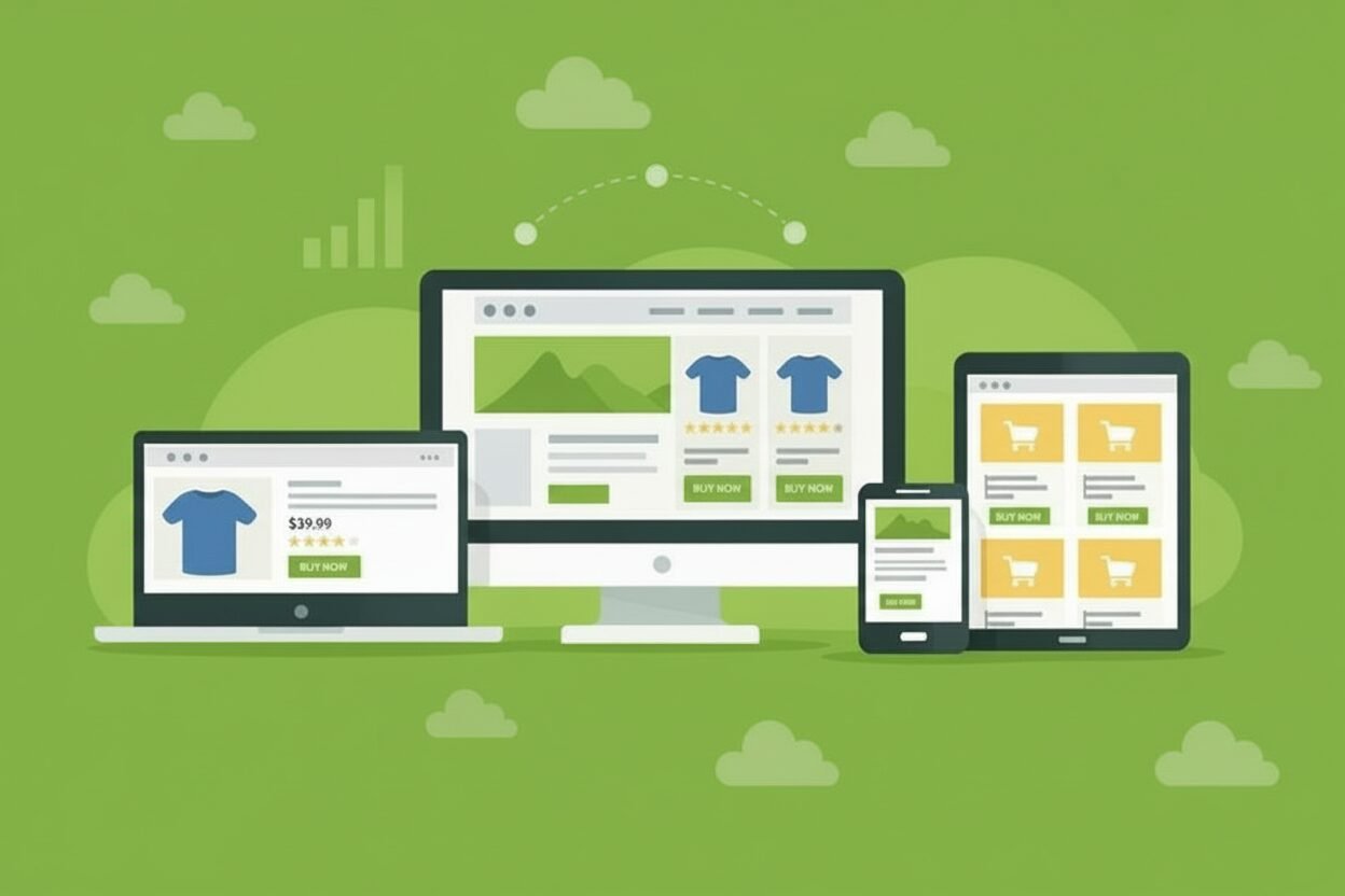 various devices - desktop and laptop monitors, tablet, and cell phone - each exhibiting ecommerce websites