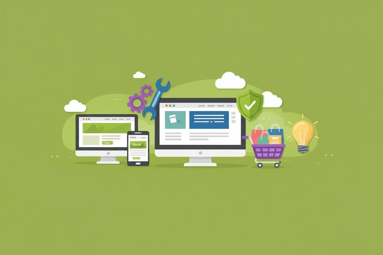 hero image on Services page, featuring various device sizes with websites showing, a wrench and cogs symbolizes work and maintenance, a cart for ecommerce, a light bulb for bright idea, and a check mark on a shield, for secure websites