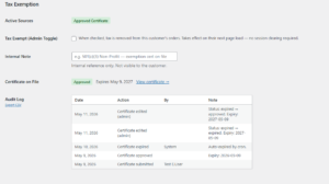 On the back end user profile, you can see a history of the user's tax exempt status